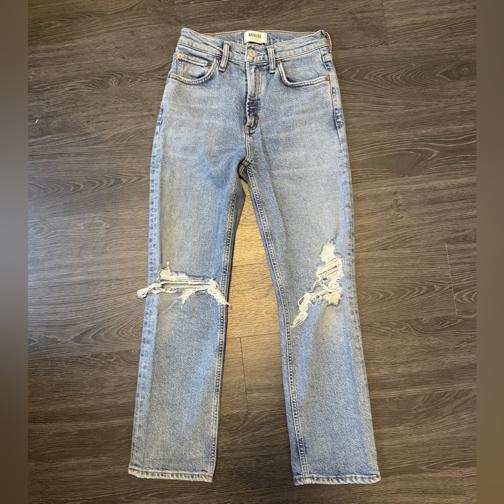 Agolde Light Blue Distressed Straight Leg Jeans